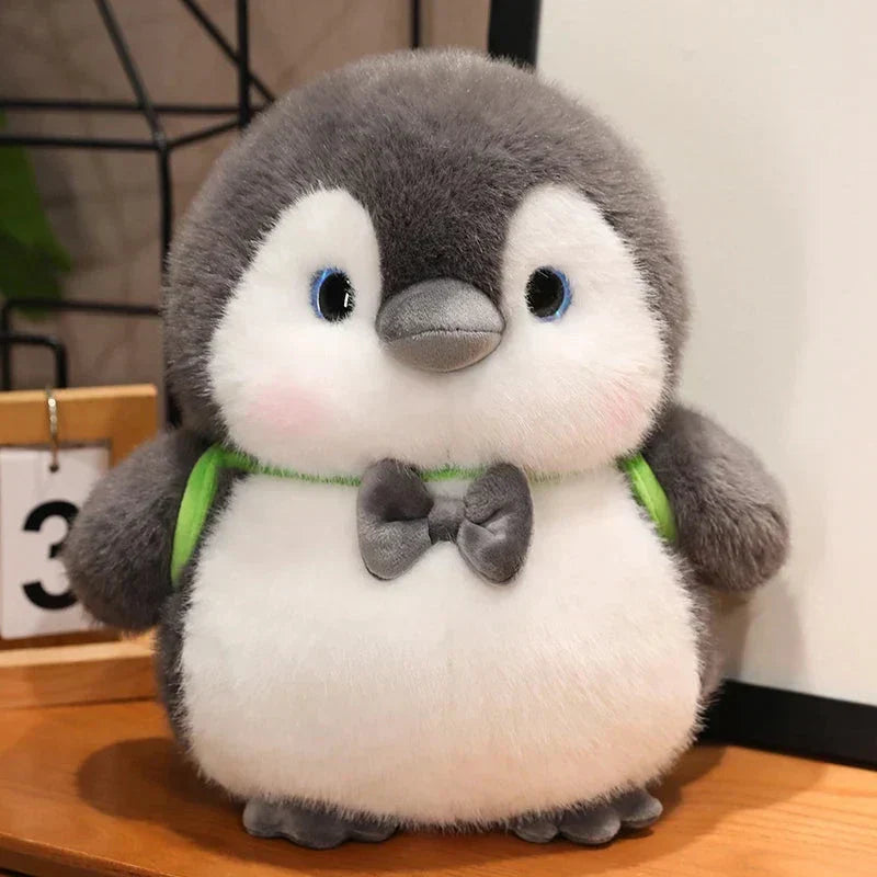 Maliben | Fluffy Gray Penguin Plushie With Turtle Backpack