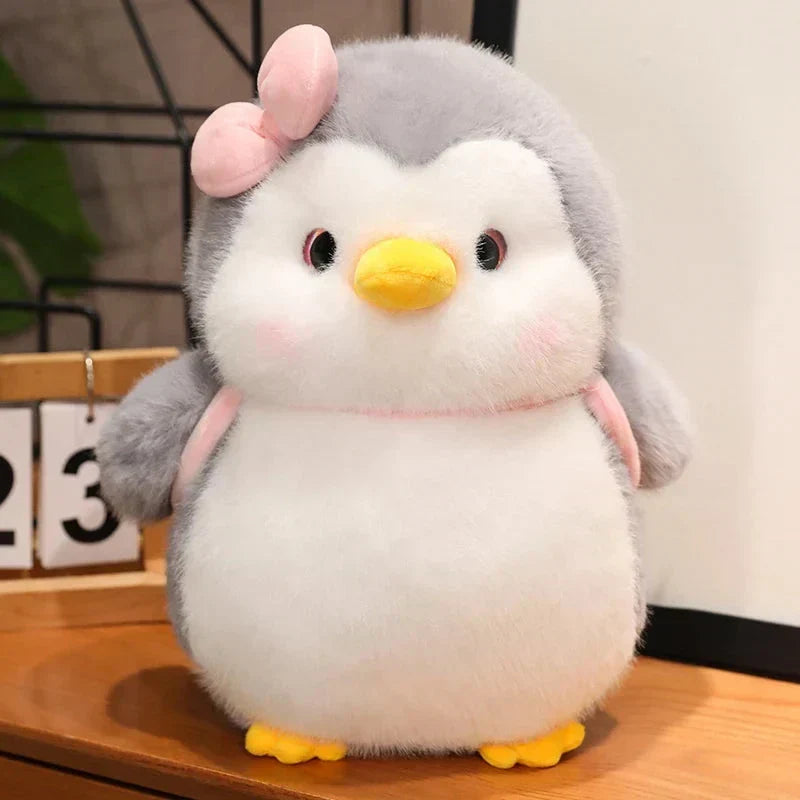 Maliben | Fluffy Gray Penguin Plushie With Turtle Backpack