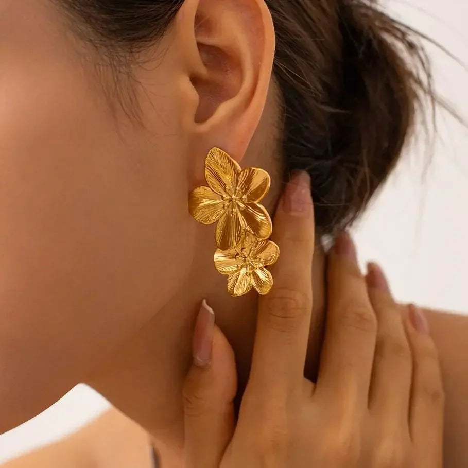Maliben | Layered Hibiscus Flower Floral Earrings