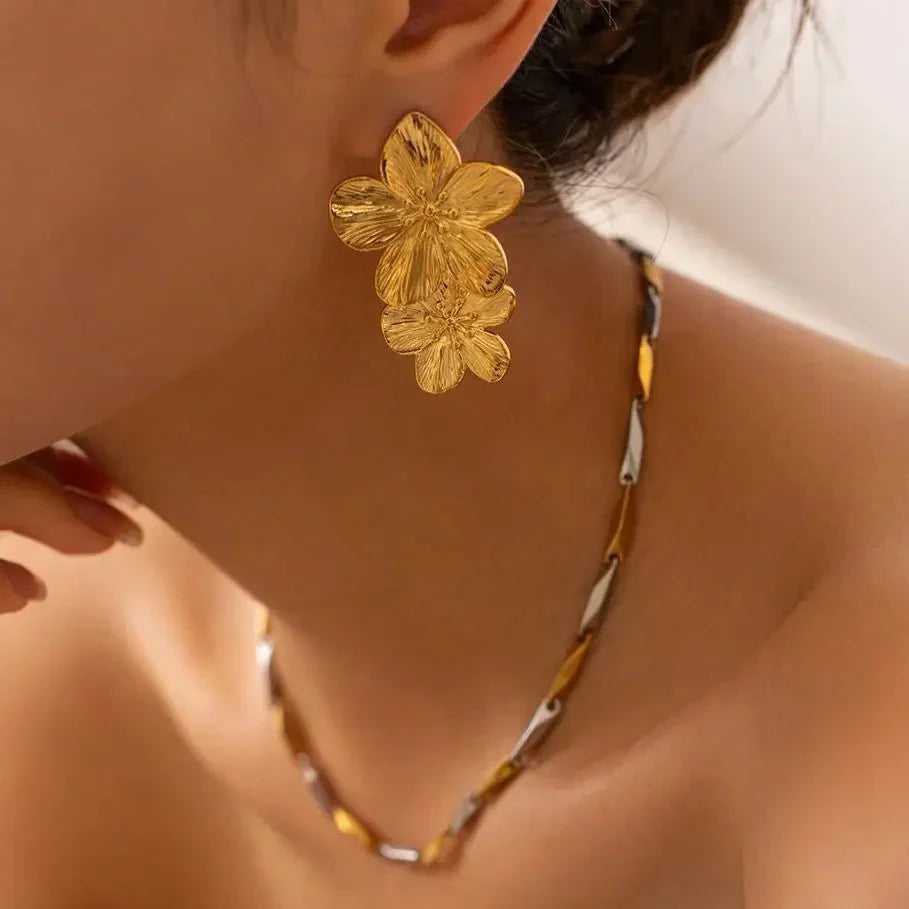 Maliben | Layered Hibiscus Flower Floral Earrings