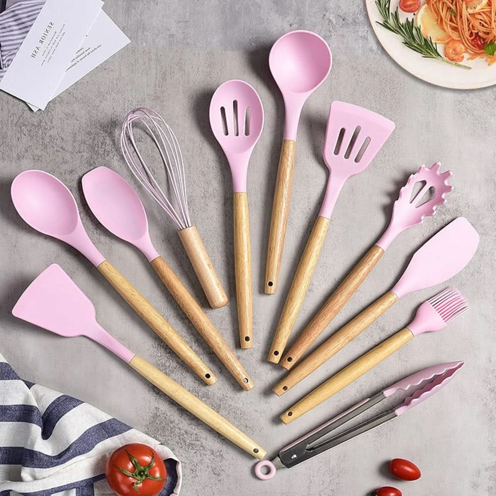 Maliben | Non-Toxic Bpa-Free Silicone Cooking Utensil Set With Wooden Handles Lattea