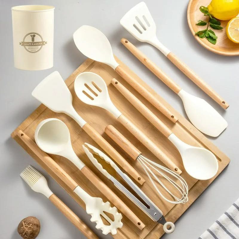Maliben | Non-Toxic Bpa-Free Silicone Cooking Utensil Set With Wooden Handles Lattea