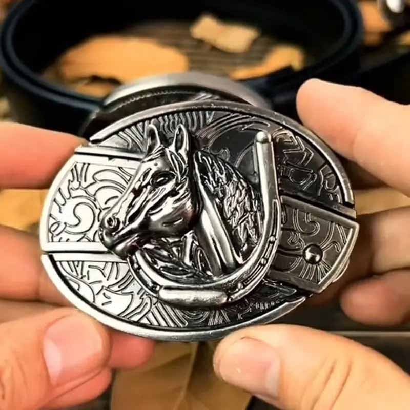 Maliben Cowboy Belt Buckle — Oval Metal with Hidden EDC Tool
