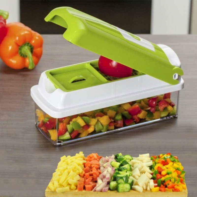 Maliben | Cutmate Multifunctional Vegetable Cutter 12-In-1 | With Collection Container & Finger Guard | Stainless Steel Blades | Compact & Safe