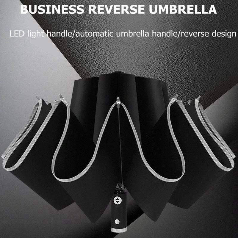 Maliben | Automatic Reverse Led Light Umbrella With Reflective Strip, Three-Fold Foldable, Inverted, 10 Ribs, Windproof Umbrellas For Travel