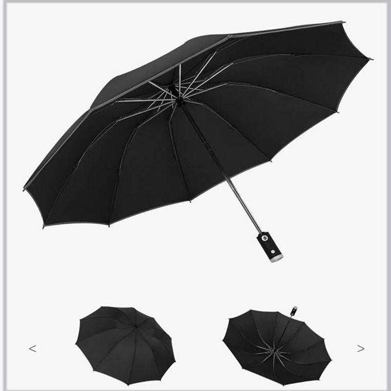Maliben | Automatic Reverse Led Light Umbrella With Reflective Strip, Three-Fold Foldable, Inverted, 10 Ribs, Windproof Umbrellas For Travel