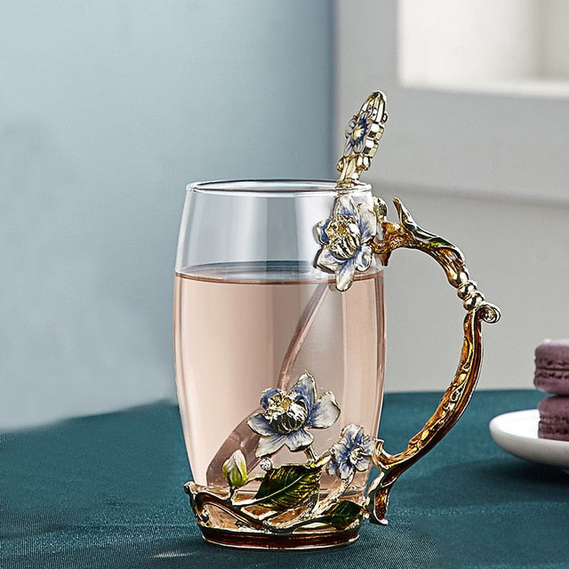 Maliben | Handcrafted Enamel Flower Glass Mug FOr Couples Love Gift Can Serve Coffee, Flavored Tea or Even Lemon Juice In