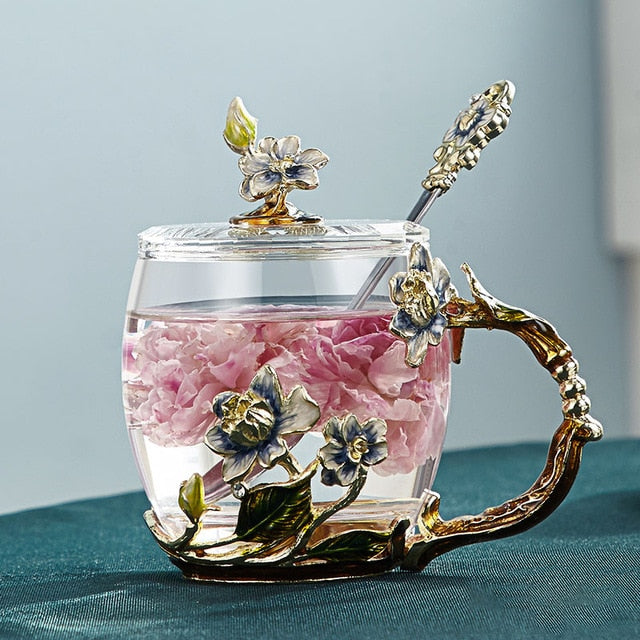 Maliben | Handcrafted Enamel Flower Glass Mug FOr Couples Love Gift Can Serve Coffee, Flavored Tea or Even Lemon Juice In