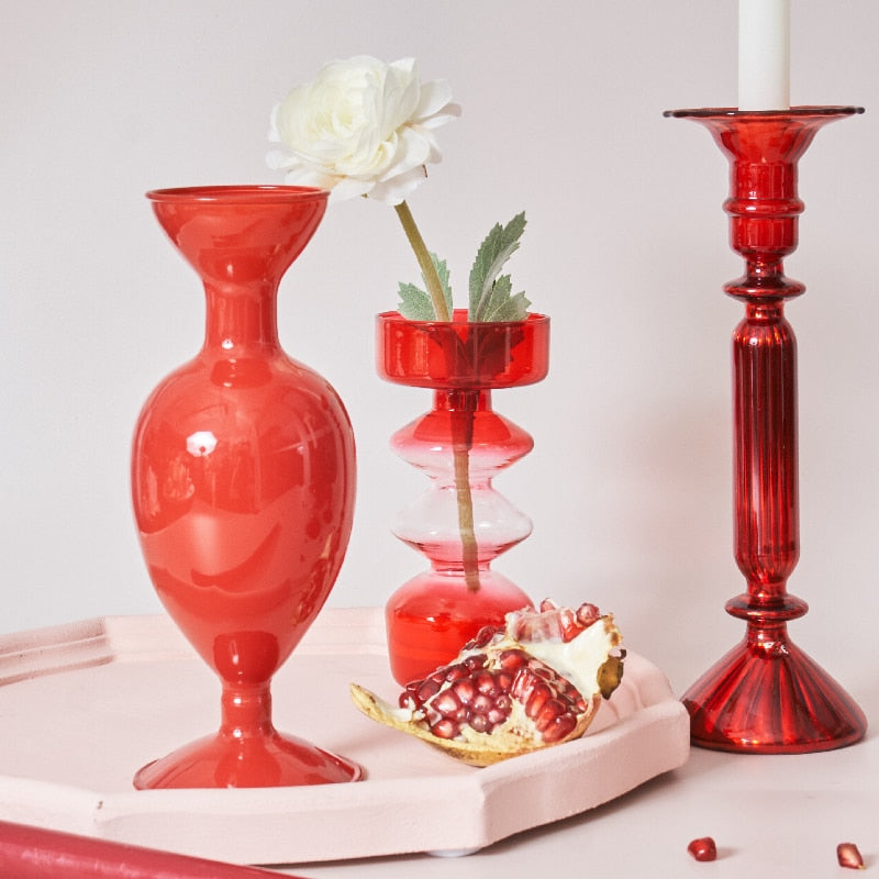 Maliben | Cherry Red Glass Stick Candle Holder & Vases