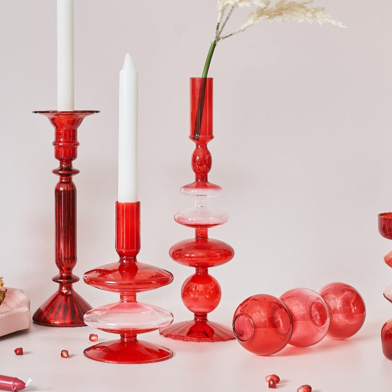 Maliben | Cherry Red Glass Stick Candle Holder & Vases