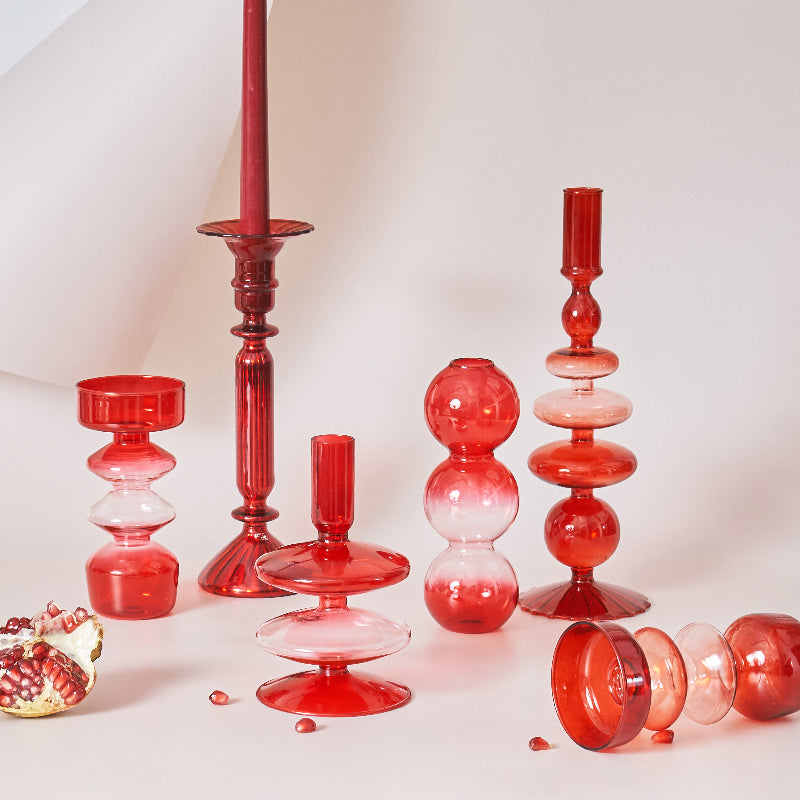 Maliben | Cherry Red Glass Stick Candle Holder & Vases