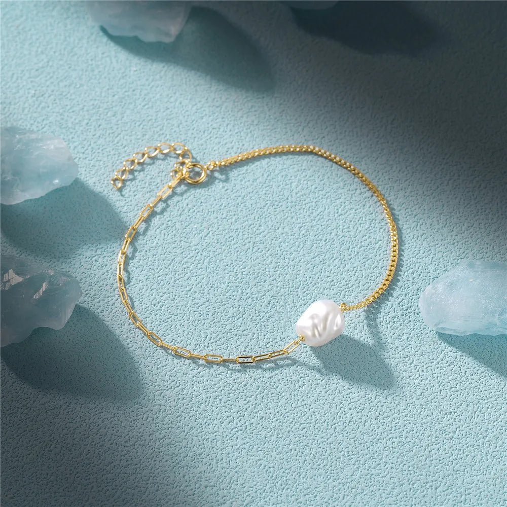 Maliben | S925 Pearl Dainty Paperclip And Cuban Chain Bracelet