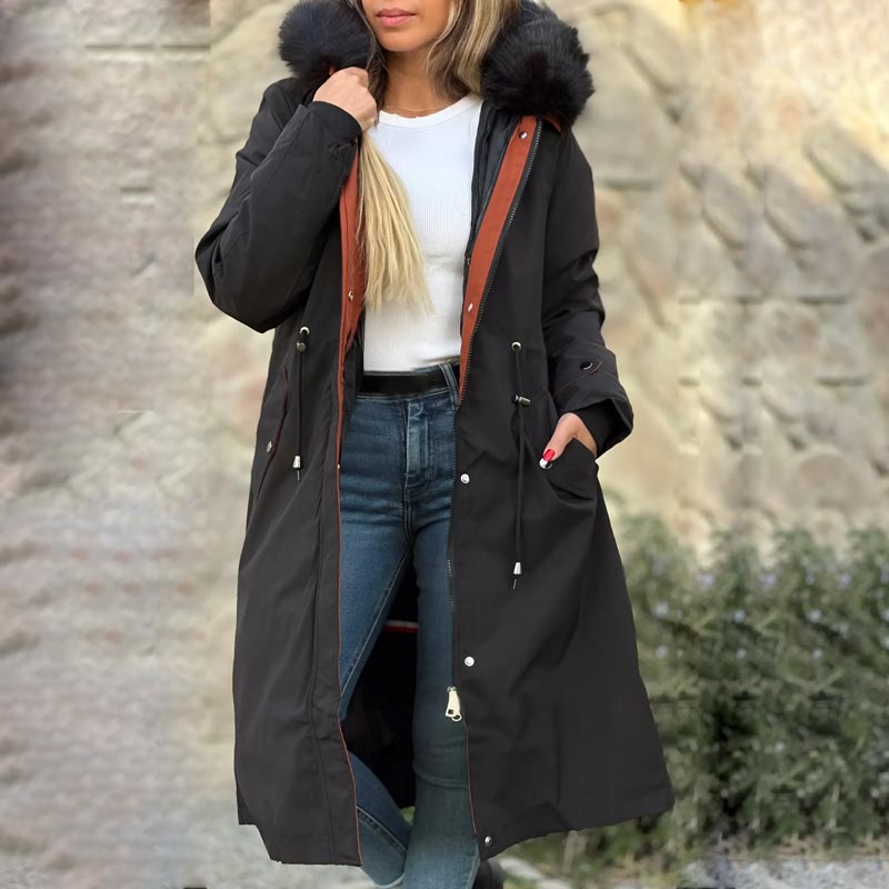 Maliben Winter coat with hood and fur collar, casual parka for women