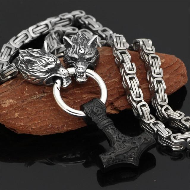 Maliben | 60–90 cm Stainless Steel Double Wolf Head & Mjolnir Survival Spirit Necklace/Bracelet