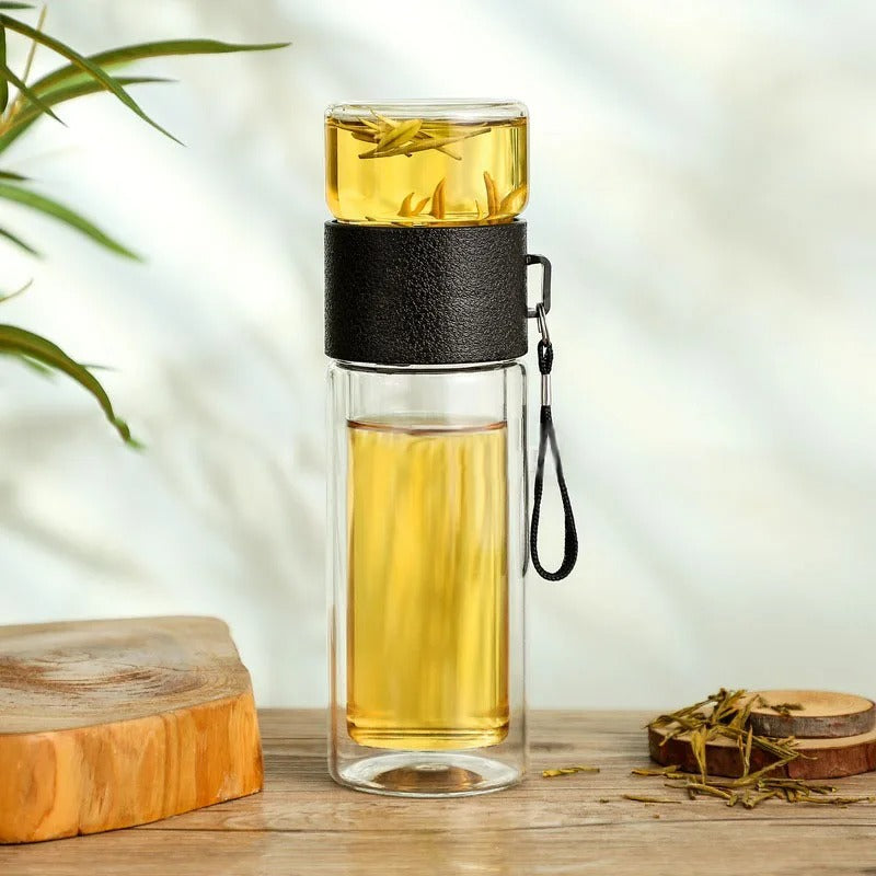 Maliben | Woodglass Thermo – Transparent Portable Insulated Bottle With Tea Filter For Healthy Drinks On-The-Go