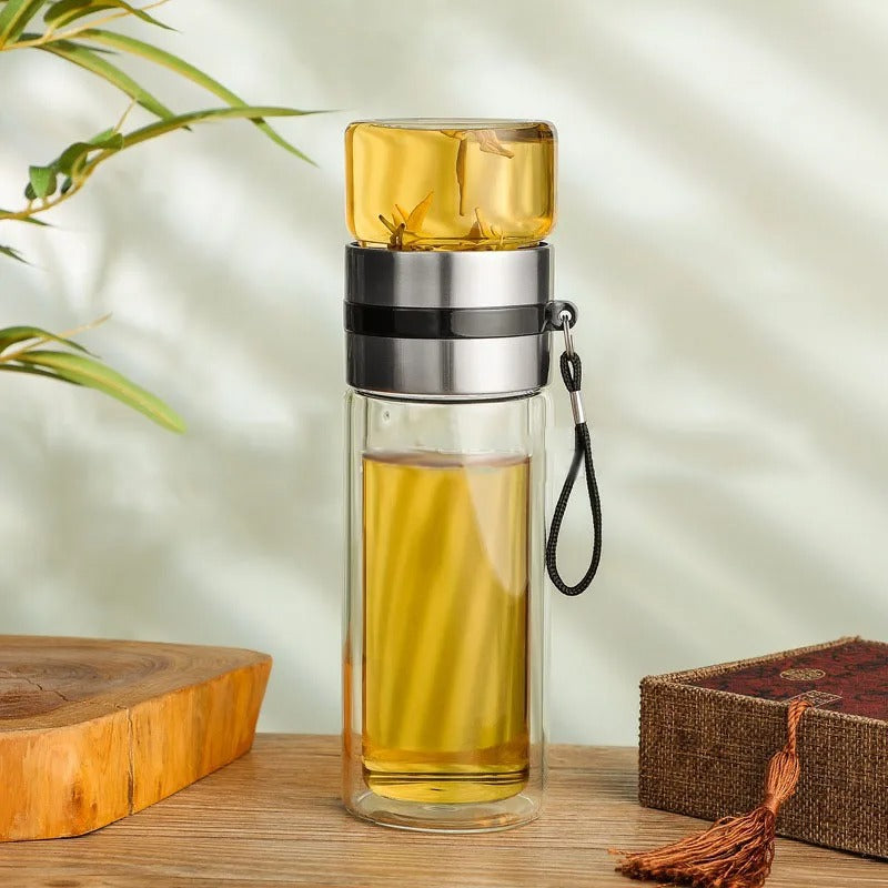 Maliben | Woodglass Thermo – Transparent Portable Insulated Bottle With Tea Filter For Healthy Drinks On-The-Go