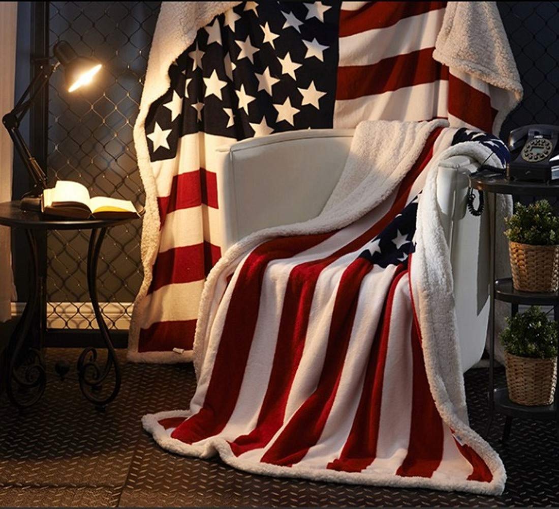 Maliben Flannel-Sherpa Blanket with American Flag