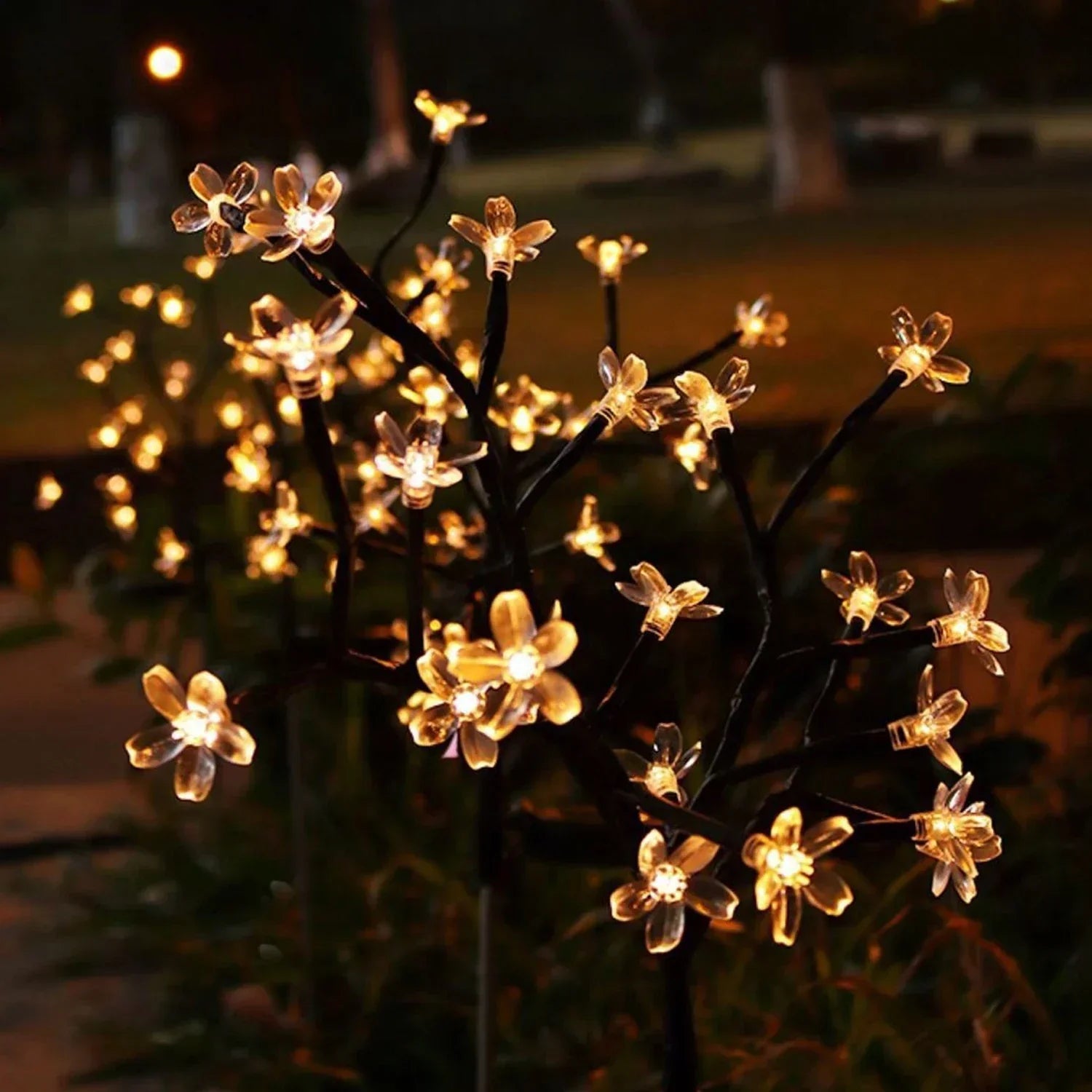 Sakura tree solar pathway lights at dusk