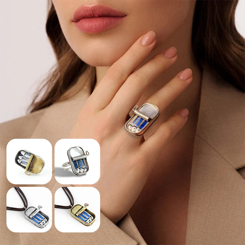 Maliben Sardine Tin Can Ring & Necklace — Quirky Enamel Jewelry