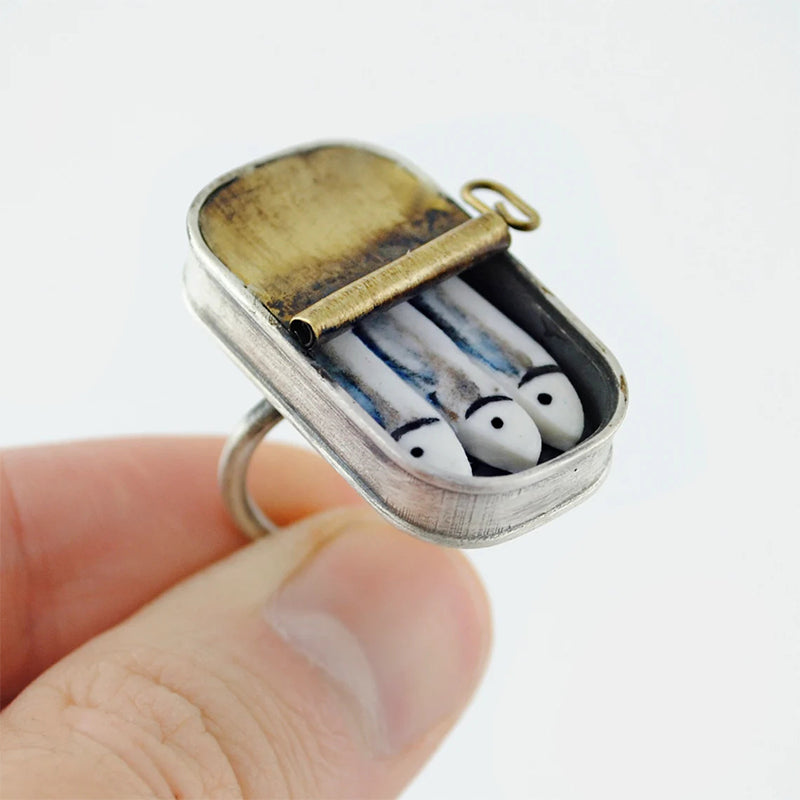 Maliben Sardine Tin Can Ring & Necklace — Quirky Enamel Jewelry