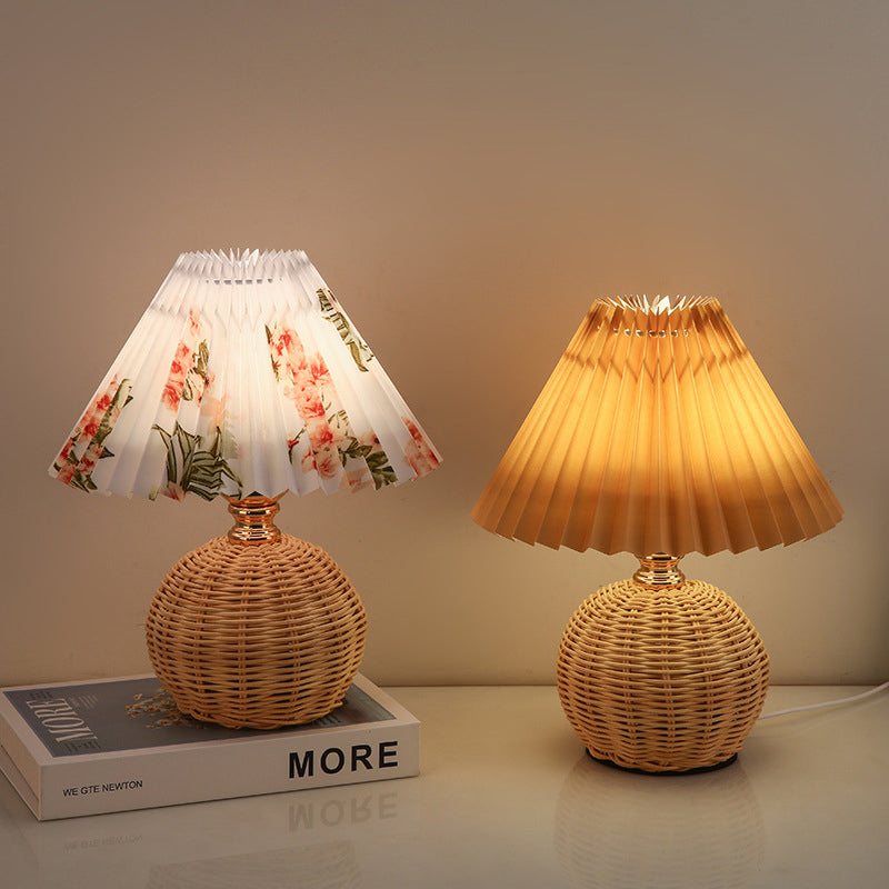 Maliben | Rattalume Nordic Led Table Lamp | Woven Rattan & Foldable Fabric Shade | Mood Light | Decor For The Bedroom