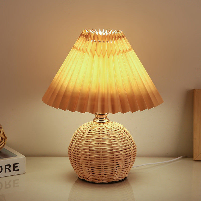 Maliben | Rattalume Nordic Led Table Lamp | Woven Rattan & Foldable Fabric Shade | Mood Light | Decor For The Bedroom