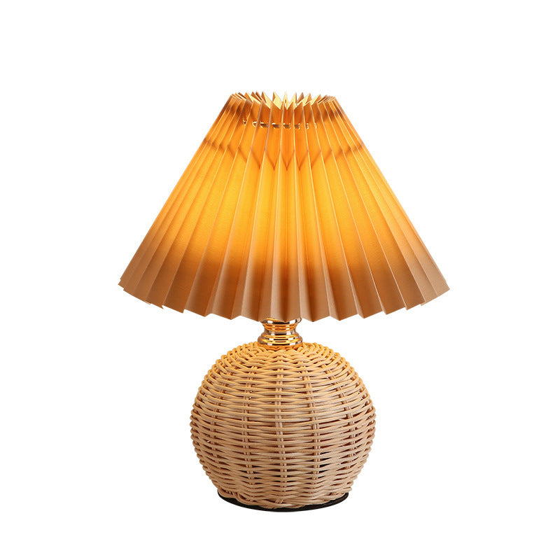 Maliben | Rattalume Nordic Led Table Lamp | Woven Rattan & Foldable Fabric Shade | Mood Light | Decor For The Bedroom
