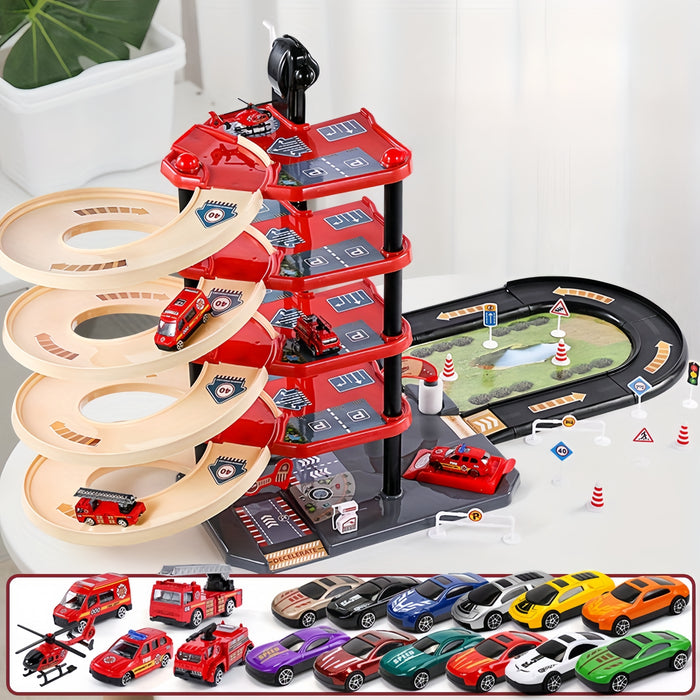 Maliben | Firepark Garage Playset - Multiple Levels With Fire Trucks And Traffic Signs For Adventurous Children