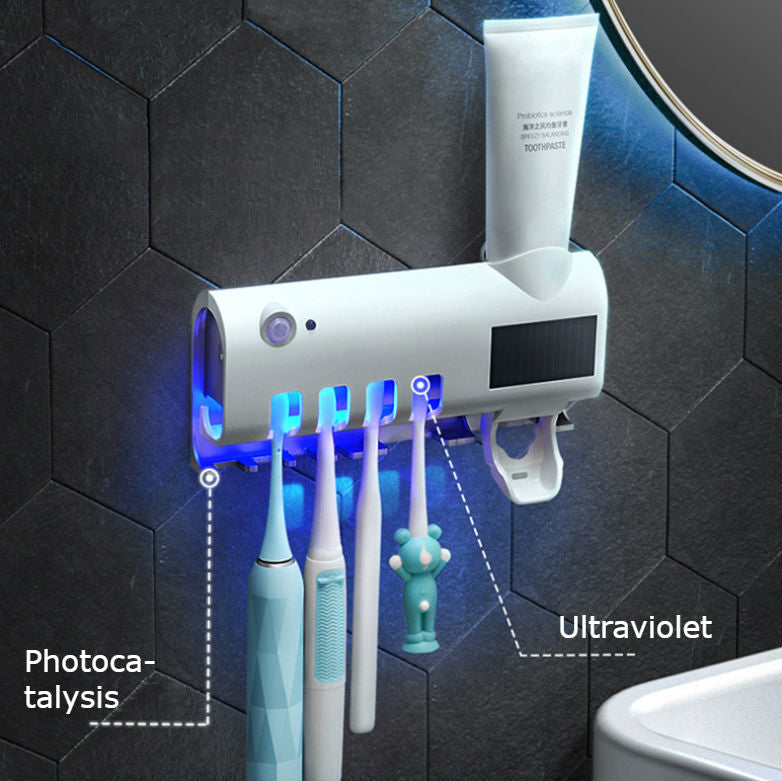 Maliben | Smart Punch-Free Uv Sterilization Toothbrush Sterilizer / Shelf With Automatic Toothpaste, Solar Powered, Lithium Battery Storage, Dual Sterilization & Automatic Induction