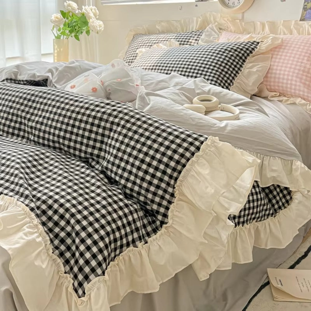 Maliben | Gingham Check Ruffled Edges Bedding Set