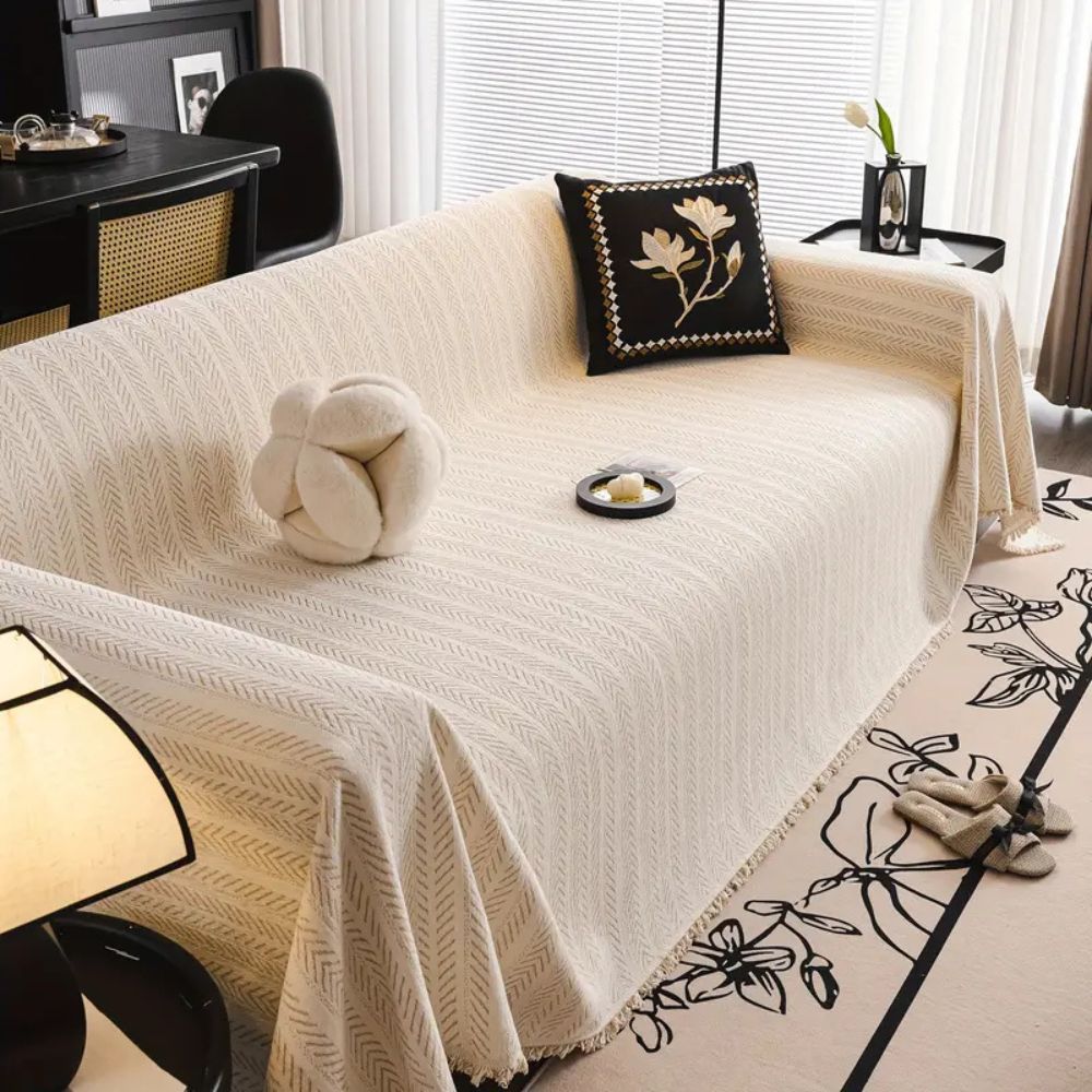 Maliben | Herringbone Chenille Tassels Sofa Cover
