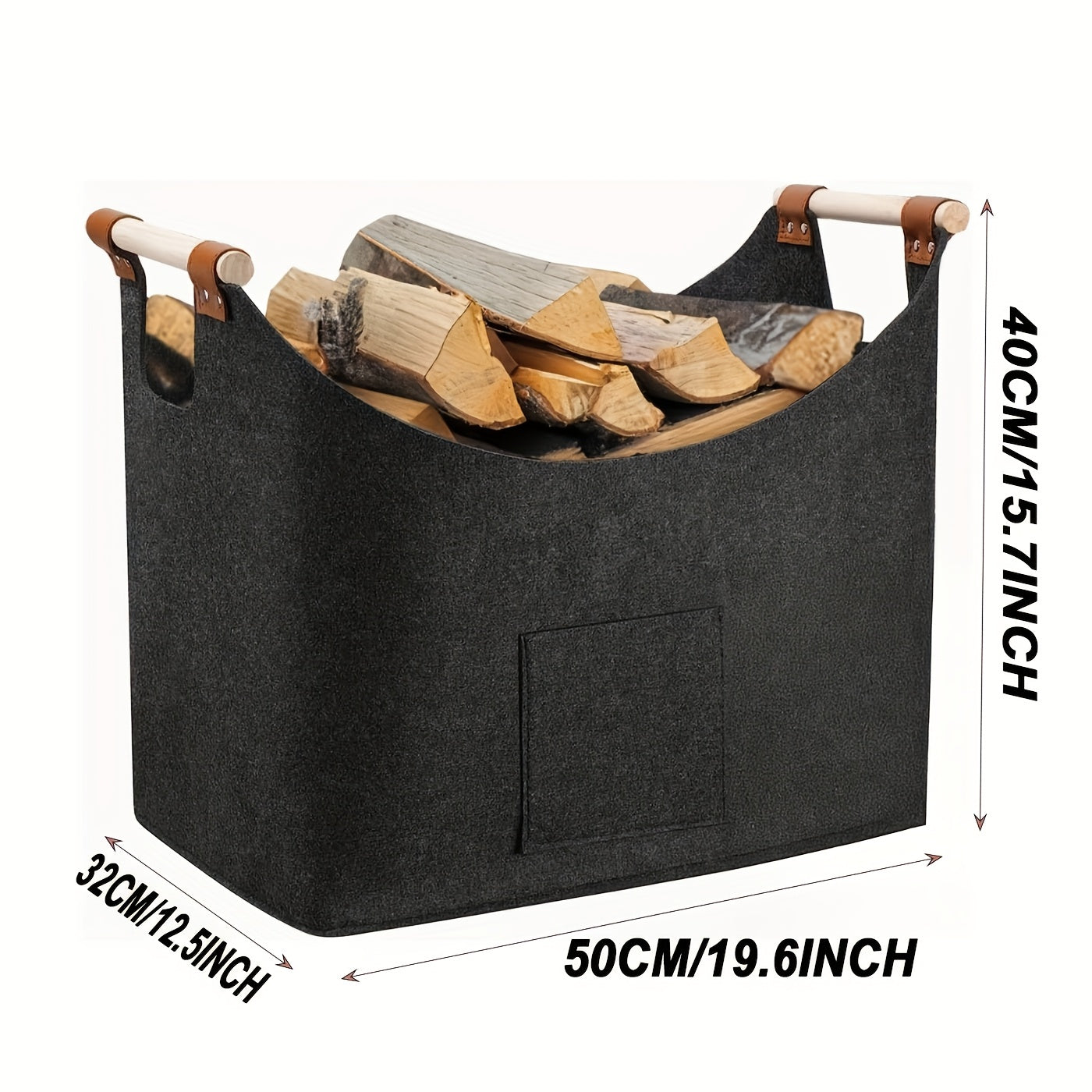 Maliben | Felt Log Basket Feldura | Collapsible | 55l Volume | With Wooden Handles & Leather Details | Dark Gray