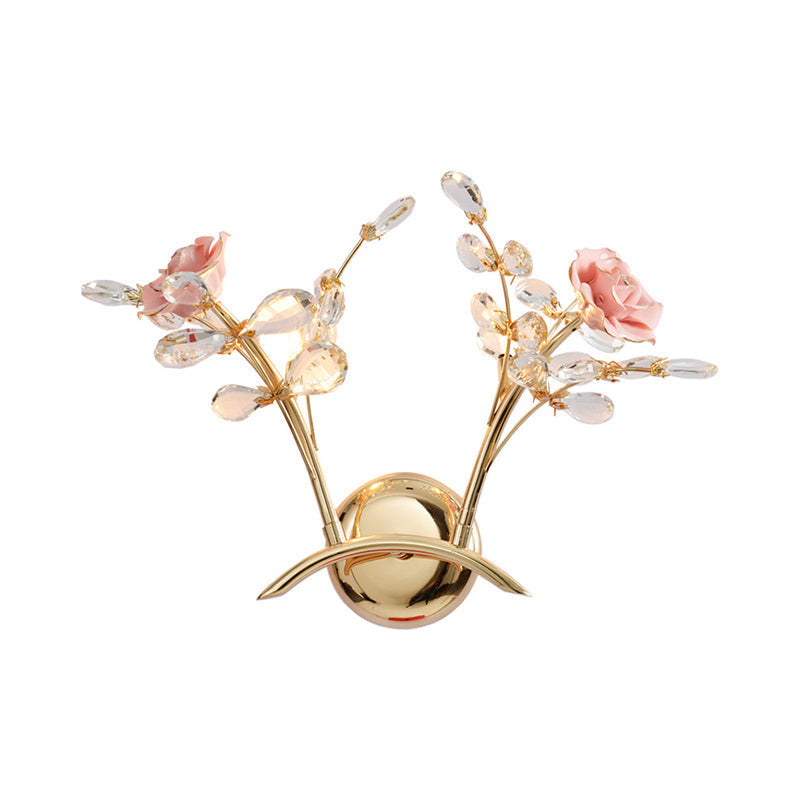 Maliben | Branches Hall Wall Light Contemporary Clear Crystal Raindrops 2 Heads Gold Wall Mount Lamp With Rose Design
