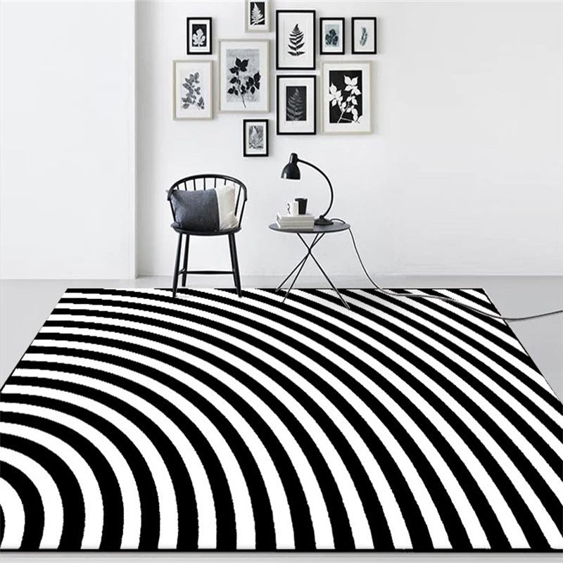 Maliben | Black And White Bedroom Carpet Novelty 3d Half Arch Pattern Rug Polyester Non-Slip Stain Resistant Carpet