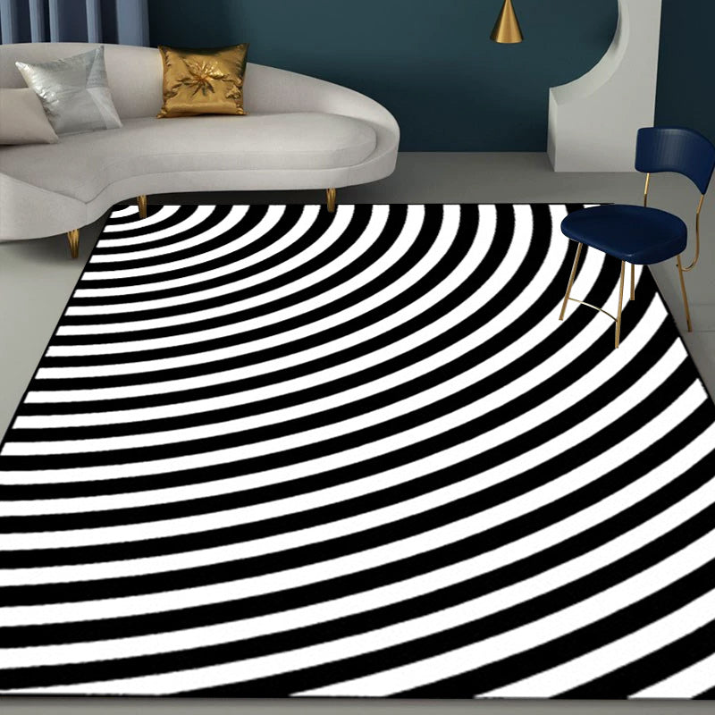 Maliben | Black And White Bedroom Carpet Novelty 3d Half Arch Pattern Rug Polyester Non-Slip Stain Resistant Carpet