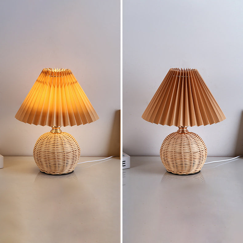 Maliben | Rattalume Nordic Led Table Lamp | Woven Rattan & Foldable Fabric Shade | Mood Light | Decor For The Bedroom