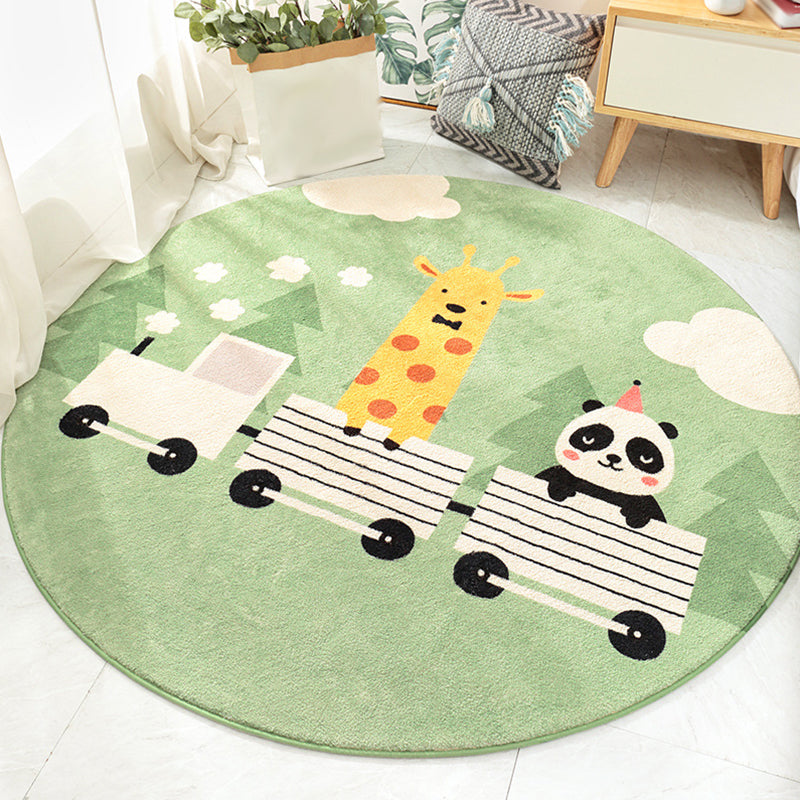 Maliben | Stylish Children's Rug In Green And Brown With Animal Cat, Leopard, And Rabbit Pattern, Washable Wool Rug For The Children's Room