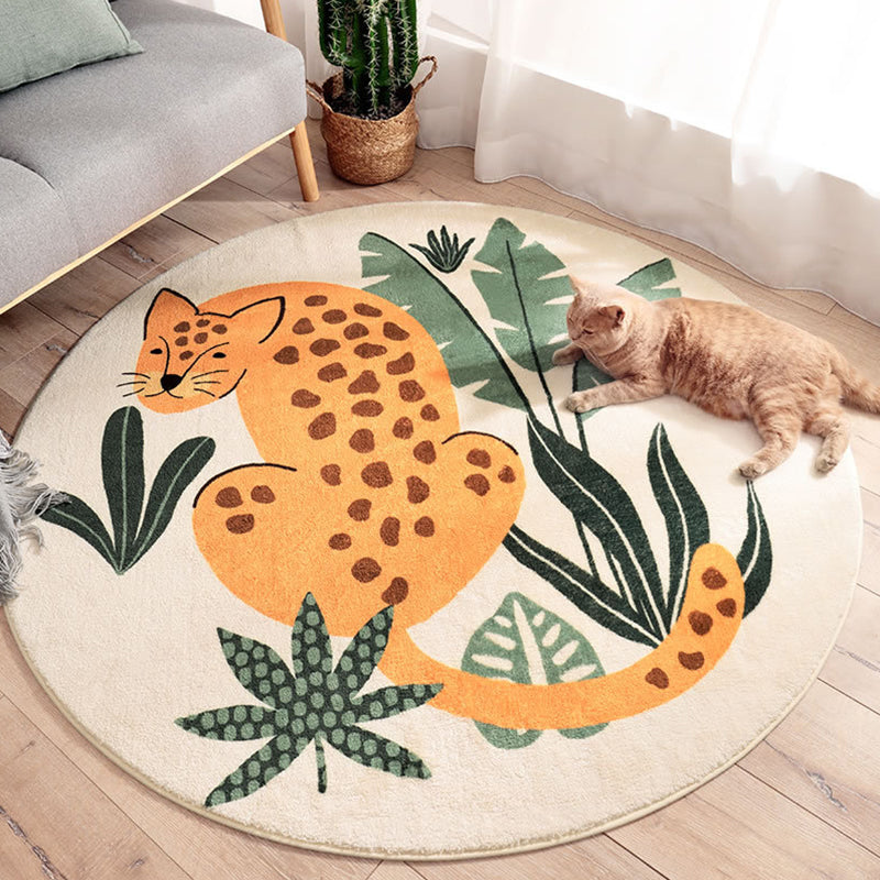 Maliben | Stylish Children's Rug In Green And Brown With Animal Cat, Leopard, And Rabbit Pattern, Washable Wool Rug For The Children's Room