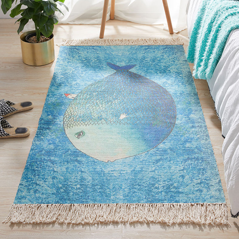Maliben | Blue Children's Room Carpet Children's Animal Fish Pattern Carpet Made Of Cotton And Linen Washable Carpet With Fringes