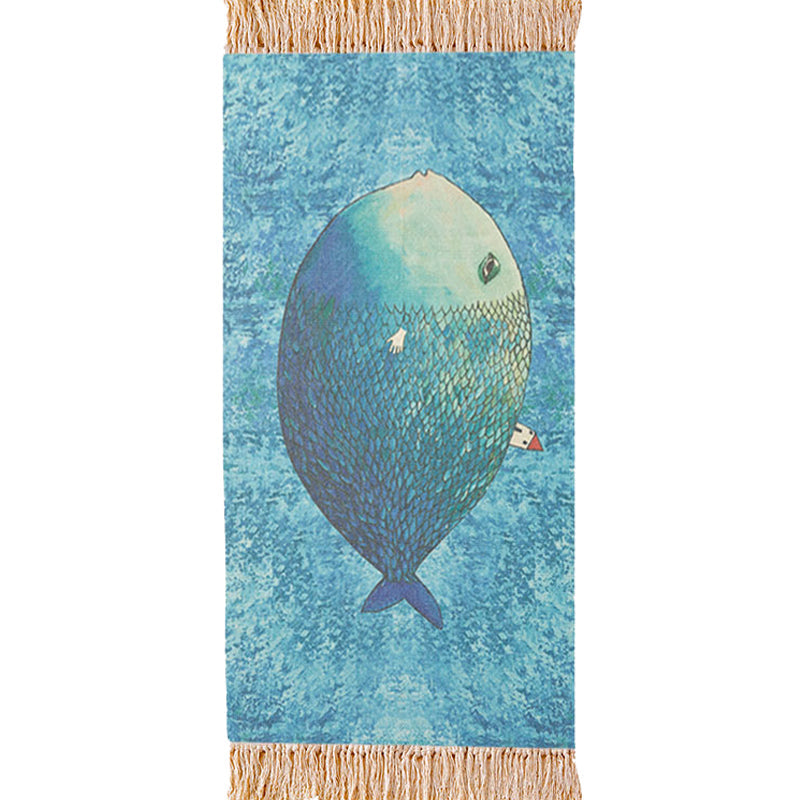 Maliben | Blue Children's Room Carpet Children's Animal Fish Pattern Carpet Made Of Cotton And Linen Washable Carpet With Fringes