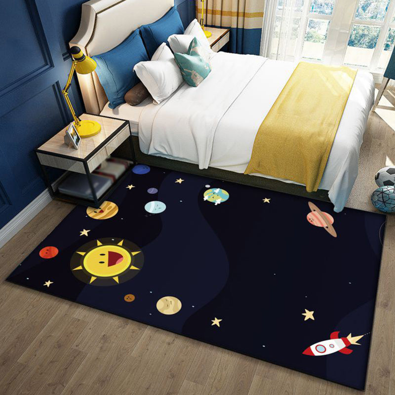 Maliben | Stylish Outer Space Pattern Rug Blue And Black Children's Rug Polyester Washable Pet-Friendly Non-Slip Rug For The Children's Room