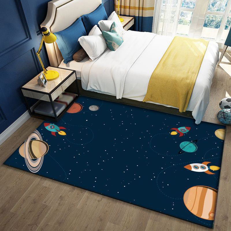 Maliben | Stylish Outer Space Pattern Rug Blue And Black Children's Rug Polyester Washable Pet-Friendly Non-Slip Rug For The Children's Room