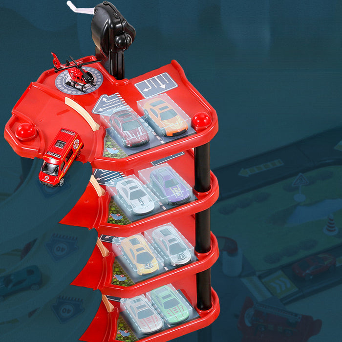 Maliben | Firepark Garage Playset - Multiple Levels With Fire Trucks And Traffic Signs For Adventurous Children