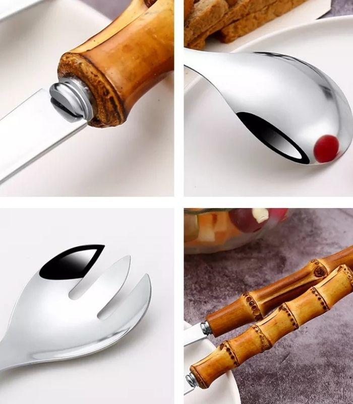 Maliben | Bamboo Handle Salad Serving Cutlery Kitchen Accessories