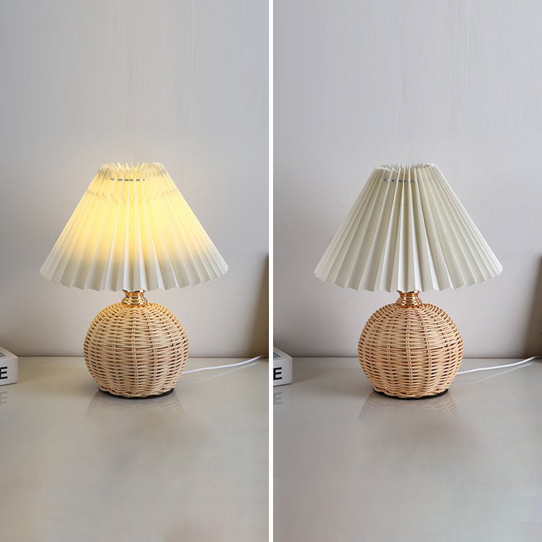 Maliben | Rattalume Nordic Led Table Lamp | Woven Rattan & Foldable Fabric Shade | Mood Light | Decor For The Bedroom