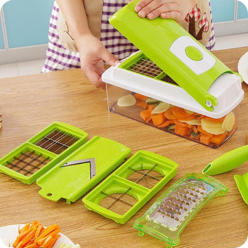 Maliben | Cutmate Multifunctional Vegetable Cutter 12-In-1 | With Collection Container & Finger Guard | Stainless Steel Blades | Compact & Safe
