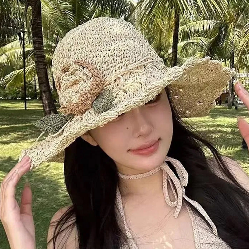 Maliben Crochet Straw Sun Hat — Hand-Woven with Ruffle Detail