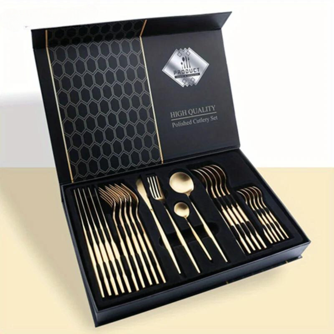 Maliben | Golden Cutlery Set Luxury – 24-Piece For Stylish Dining Experience
