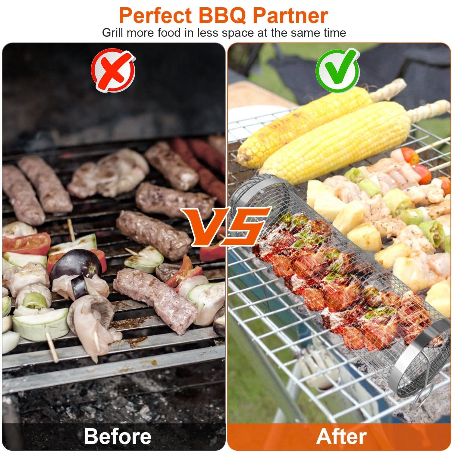 Maliben | 2-Piece: Portable Bbq Rolling Basket Round Stainless Steel Grill