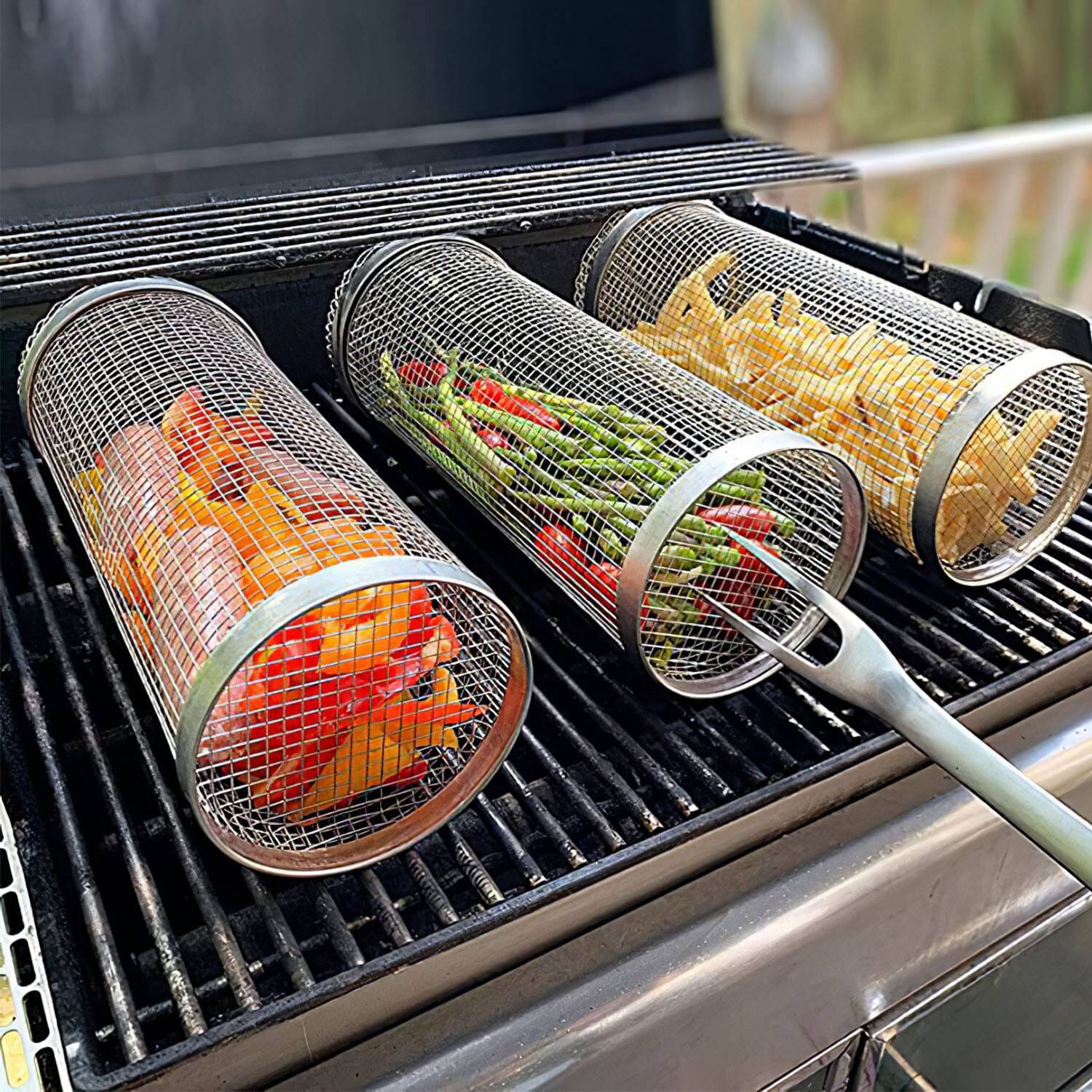 Maliben | 2-Piece: Portable Bbq Rolling Basket Round Stainless Steel Grill